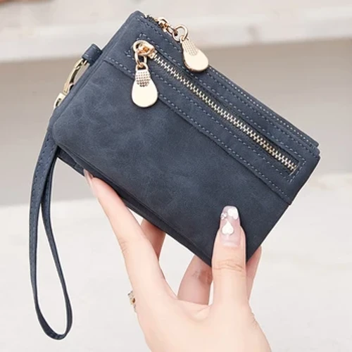 Ritsleting lipat ganda antik cilik kanthi tali pergelangan tangan dompet cendhak, dompet multi kertu portabel kulit PU, kanthi jendela ID