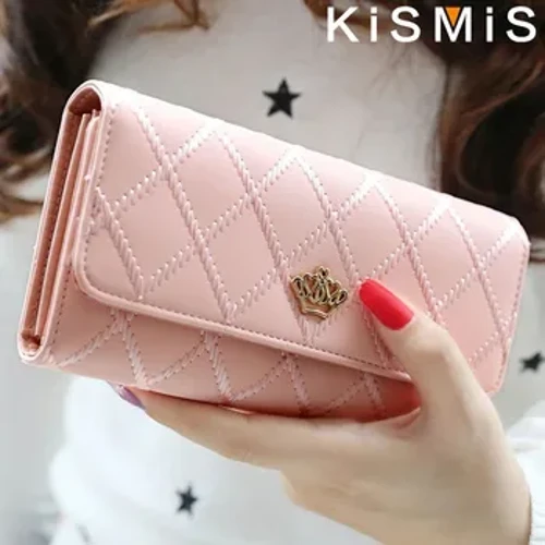 KISMIS Dompet untuk Wanita Lucu Pink Saku Dompet Wanita Dompet Kotak-kotak PU Kulit Dompet Panjang Pengait Tas Ponsel Uang Koin Kantong Ca