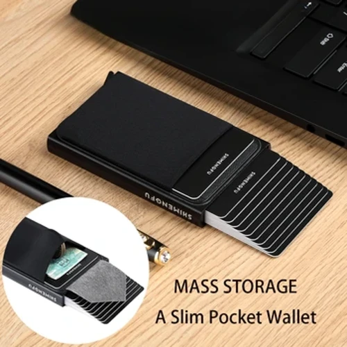 Portafoglio sottile in alluminio con elasticità Custodia posteriore Porta carte di credito ID Mini Portafoglio RFID Porta carte di credito pop-up automatico Borsa da uomo