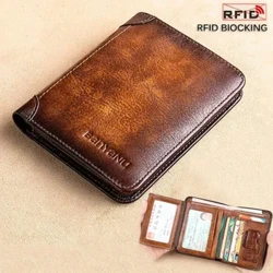 กระเป๋าสตางค์ผู้ชายหนังแท้ Rfid Blocking กระเป๋าสตางค์ Trifold Vintage บางสั้น Multi Function ID บัตรเครดิตผู้ถือชายกระเป๋าเงิน