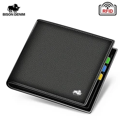 BISON DENIM haqiqiy charm erkaklar hamyonlari brendli hashamatli RFID ikki qavatli hamyon Fermuarli tanga hamyon vizit karta ushlagichi hamyon N4470