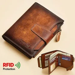 Nam Chính Hãng Ví Da Vintage Ngắn Đa Chức Năng Thẻ Kinh Doanh RFID Chặn Dây Kéo Đồng Xu Bỏ Túi Kẹp Tiền