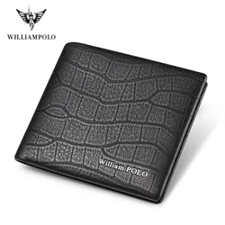 WILLIAMPOLO 100% Genuine Leather Wallet Men Crocodile Pattern Men Card Holder Wallet Real Cowhide Wallet Para sa Lalaki
