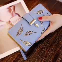 Mote PU lær lommebok for kvinner Lang lommebok Gull hule blader veske Håndveske for kvinner myntpung Kortholdere Clutch