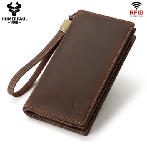 HUMERPAUL Dompet Pria Kulit Asli Pria Kopling Panjang dengan Kantong Telepon RFID Blocking Pemegang Kartu Tas Penyimpanan Kapasitas Besar