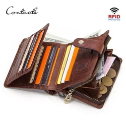 KONTAK Kulit Asli RFID Dompet Vintage Pria Kanthi Kanthong Koin Dompet Pendek Dompet Ritsleting Kecil Kanthi Pemegang Kartu Dompet Pria