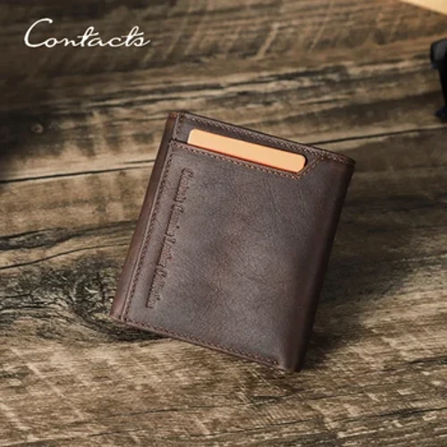 CONTACT'S Da Thật Chính Hãng Da Retro Ví Ngắn Cho Nam RFID Gấp Ba Đựng Thẻ Dây Kéo Đồng Xu Ví Kẹp Tiền Nam Ví Mini