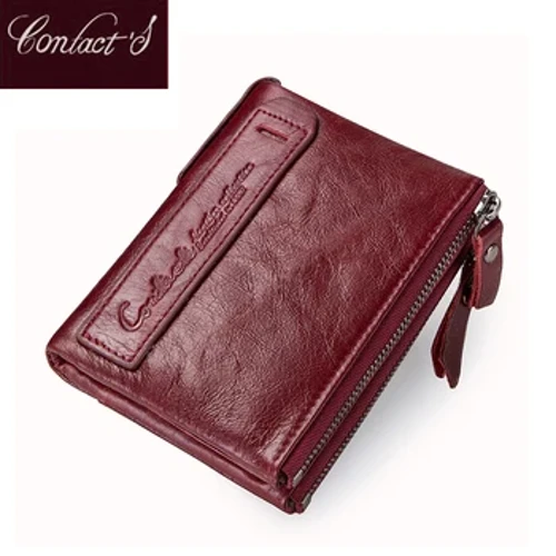 Fashion Kulit Asli Dompet Wanita Bi-lipat Dompet Merah ID Card Holder Dompet Koin dengan Ritsleting Ganda Dompet Wanita Kecil 2022
