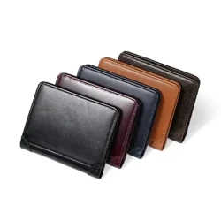 Anti-Theft แปรงหนังผู้ชายกระเป๋าสตางค์แนวตั้ง Multi-Functional Card Holder หนังสั้น Tri-Fold คลิปเงินสด