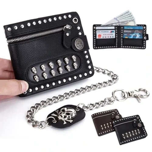 Portafoglio in pelle PU da uomo con rivetti con teschio retrò Portafoglio con catena in metallo punk Portafoglio con cerniera con frizione Portafoglio con fermasoldi Borsa piegata