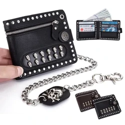 Retro Tengkorak Paku Keling Pria PU Kulit Dompet Punk Logam Rantai Dompet Zipper Kopling Dompet Klip Uang Dompet Lipat