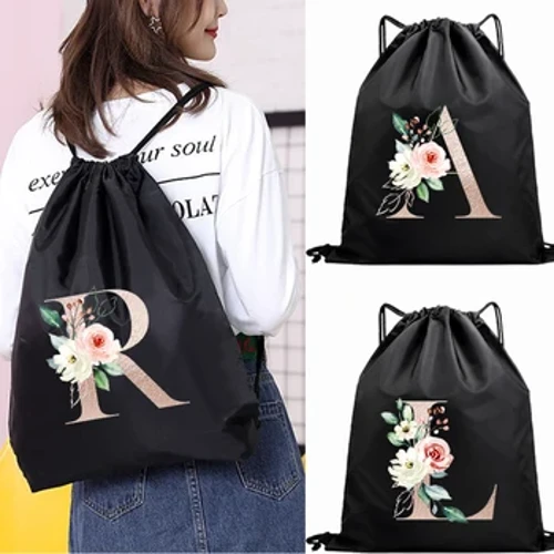 Waasserdicht Drawstring Bag Gym Pouch Gold Letter Print Rucksak Moud Benotzerdefinéiert Schoul Schong Sak fir Meedchen Fraen Portable Shopping