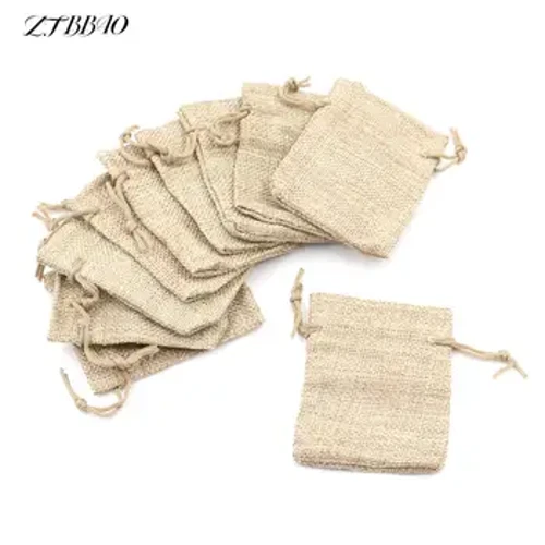 10 adet/grup 7x9 cm İpli Çanta Moda Küçük Çuval Bezi Jüt Çuval Keten kese çanta Düğün Malzemeleri
