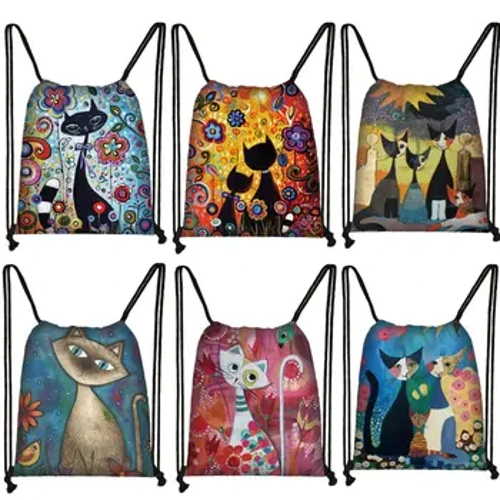 Bolso con cordón para mujer con diseño de gato y Animal encantador, bolsa de almacenamiento con imagen de gatos de dibujos animados, mochila de viaje de lona a la moda