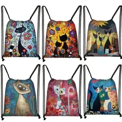 Sac à dos de voyage en toile à motif de chat Animal pour femmes, sac à cordon de serrage, sac de rangement imprimé avec Image de chats de dessin animé mignon, sac à dos de voyage en toile à la mode