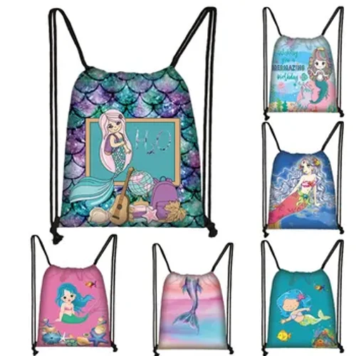 Cute Mermaid Drawstring Bag za dekleta Potovalni paket za shranjevanje Risanka Šolski nahrbtniki Otroška knjižna torba