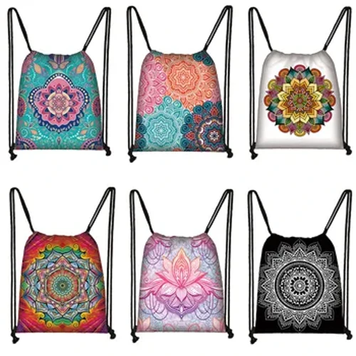 Mandalas ziedu apdruka, aukliņu soma sievietēm, piemēram, mandalas mugursoma, ceļojumu iepirkšanās, pārnēsājama, saliekama uzglabāšanas soma