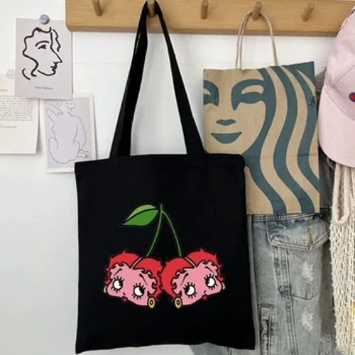 Bonito dos desenhos animados menina boops oop sexy cerejas mulheres lona bolsa de ombro bolsa eco shopper algodão saco de compras