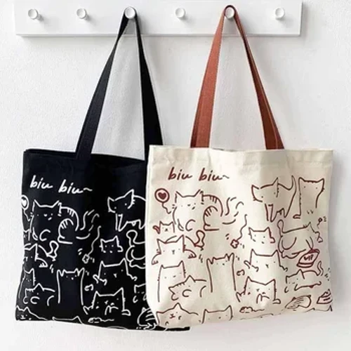 KISMIS Phim Hoạt Hình Thời Trang Mèo Dễ Thương Túi Vải-Túi xách cho Phụ Nữ và Nam Giới, Túi Đi Biển Mua Sắm Có Thể Tái Sử Dụng Có Dây Kéo