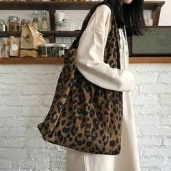 Klassisk leopardtrykk Veske med topphåndtak Dame Corduroy Shopping Bag Stor Kapasitet Bok Tote Bag Kvinnelig Uformell skulderveske