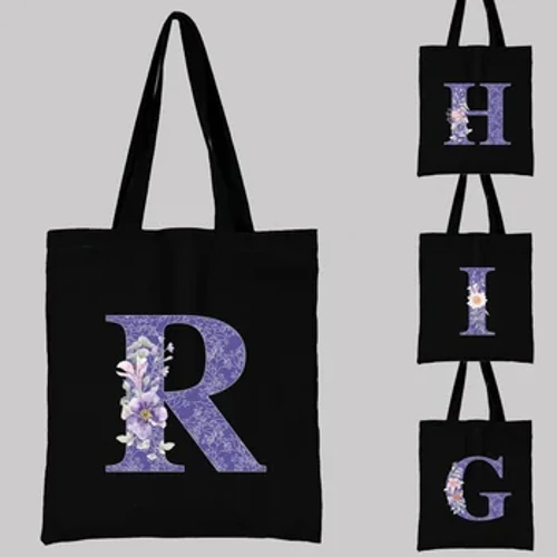 Sac de Shopping en toile pour femmes, fourre-tout réutilisable de grande capacité, fourre-tout à la mode avec impression de lettres de fleurs violettes, sac à main à bandoulière pour femmes, 2022