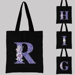 Sac de Shopping en toile pour femmes, fourre-tout réutilisable de grande capacité, fourre-tout à la mode avec impression de lettres de fleurs violettes, sac à main à bandoulière pour femmes, 2022