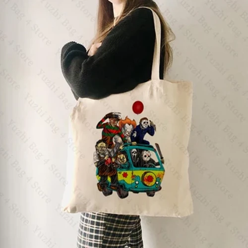 Bagiau Tote Patrwm Cartŵn Holloween Canvas Bag Handle Top Cynhyrchion Cyfeillgar Rhodd Holloween Cynhwysedd Mawr Bagiau Ysgwydd