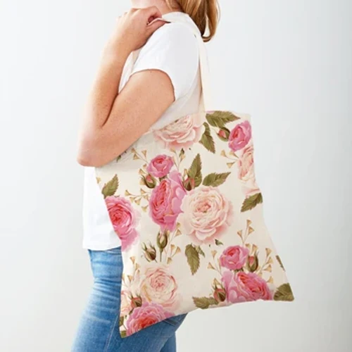 Kjøpeveske for kvinner på begge sider Tegneserie Rose Floral Bird Tote Håndveske Gjenbrukbar plante Blomstertrykk Uformell handleveske i lerret
