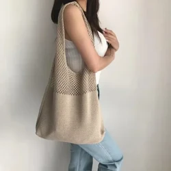 Thiết Kế Túi Xách Tay Dệt Kim Nữ Dung Tích Lớn Tất Cao Cổ Nữ Gói Đi Biển Mùa Hè Túi Ví Lớn Thường Rỗng Dệt Đeo Vai