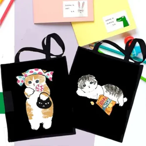 90s Y2K Mála tote seanré Clasaiceach Mála láimhe ghualainn Mná Bolsa Compra Mná Cat Dubh Canbhás Cadáis Mála Siopadóir Cailín Harajuku
