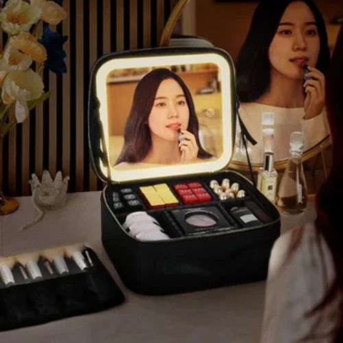 Women LED Light Cosmetic Bag Mirror Cosmetic Case Luxury PU Malaking Kapasidad Portable Travel Makeup Bags para sa mga Babae