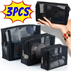 1/3PCS Lưới Túi thẩm mỹ rõ ràng Túi trang điểm lớn màu đen lớn di động Traveletreter Case Case Túi lưu trữ son môi