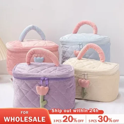 1 Set mit einfarbigen Blumen, Make-up-Taschen-Set, Reißverschluss, große weiche Kosmetiktasche aus Cord, für Damen, Reise-Make-up-Beutel-Set
