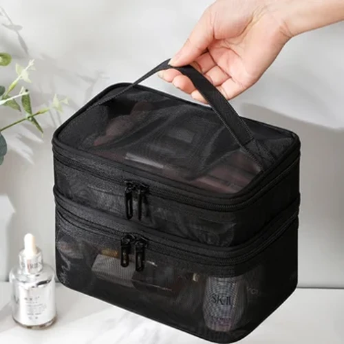 ʻO ka Mesh Transparent Wahine He kūpono no nā mea hoʻonaninani a me nā pahu holoi lole no ka huakaʻi kūʻai aku i ka holomua Make Up Organizer Bag.