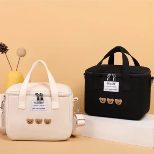 Schattige beer lunchtas meisjes geïsoleerd canvas koeler handtas aluminiumfolie thermische voedseldoos familie school picknick diner container
