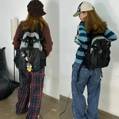 Black Llinynnol neilon Safari Style Unisex Backpack Teithio Awyr Agored Achlysurol Backpack Gwersylla Merched a Dynion Backpack Cymudwyr Ysgol