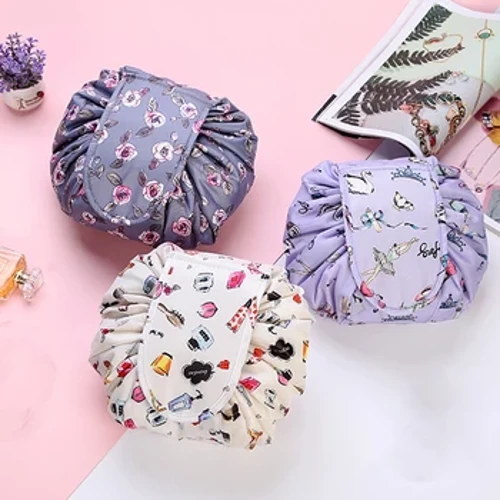 Bolsa de maquillaje Bolsa de maquillaje portátil con cordón Bolsa de almacenamiento de artículos de tocador de viaje grande plegable para mujer, bolsa de maquillaje con cordón