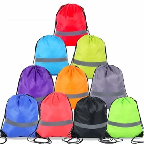 Foldable Drawstring Backpack na may Reflective Strip String Portable Nylon Waterproof Outdoor Riding Runing Sports Bag School Bag
