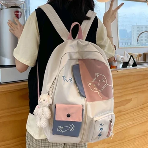 Japanesch Fraen Rucksak Neie Kawaii Patchwork Weiblech Grouss Kapazitéit Waasserdicht Nylon Schëller Schoultasche Preppy Mochila Bolsa