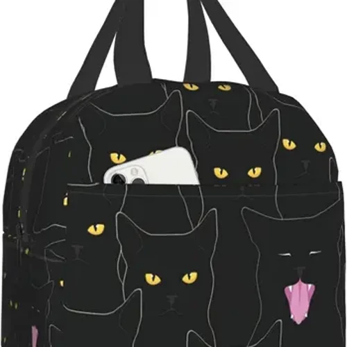 Kucing Hitam Tas Makan Siang Terisolasi untuk Wanita Pria Bisa Digunakan Kembali Tahan Bocor Tote Bag dengan Kantong Depan Tas Pendingin Kerja Kantor Hiking Pantai