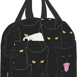 Kucing Hitam Tas Makan Siang Terisolasi untuk Wanita Pria Bisa Digunakan Kembali Tahan Bocor Tote Bag dengan Kantong Depan Tas Pendingin Kerja Kantor Hiking Pantai