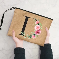 Sacs à cosmétiques avec belles lettres pour femmes, sac en lin à composer, sac de voyage à fermeture éclair, étui de rangement, sacs Mujer, cadeaux de mariage