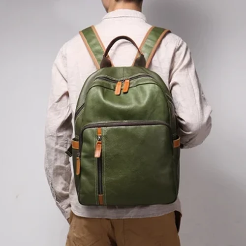 Mochila de viaje de cuero genuino para hombre, bolso para ordenador portátil de 15 ", para ocio, universidad, adolescente