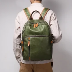 Mochila de viaje de cuero genuino para hombre, bolso para ordenador portátil de 15 ", para ocio, universidad, adolescente