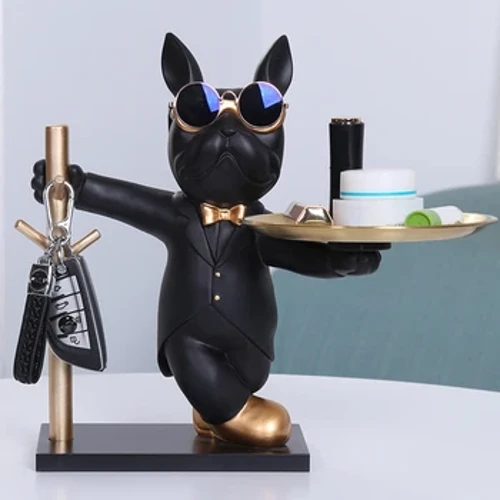 Sculpture de bouledogue français, Statue de chien, Figurine décorative, rangement, plateau en métal, tirelire, clé d'entrée, porte-collation