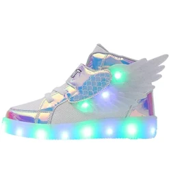 Sapatos luminosos infantis de couro à prova d'água, tênis com luz led com asa, carregamento usb, calçados esportivos casuais para meninas, sapato de skate