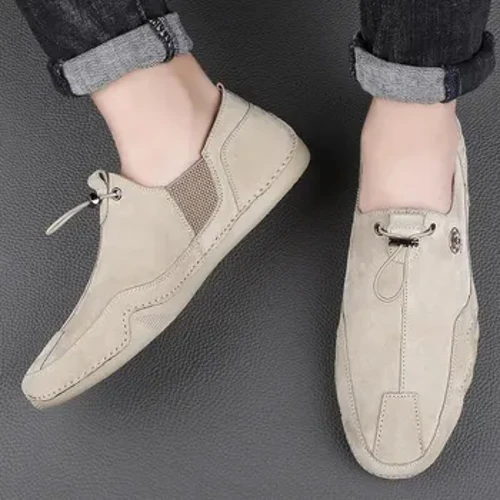 CLOHOO Handgjorda Casual Slip On Herrskor Båtskor i äkta läder Mjuk sula Lätt Halkskydd utomhus Flats Skor för män