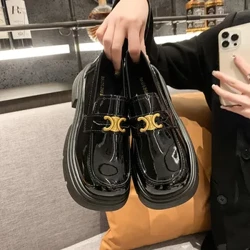 2024 Damesko Kvinder Mode Mary Janes Rund tå Flats Loafers Oxfords Platform Casual Metalkæde Spænde Damehæle Sort