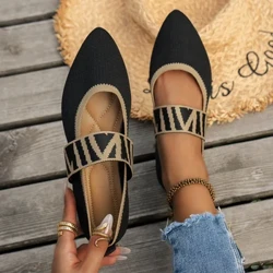 Naka-knitted Color-block Pambabaeng Flat na Sapatos Nakadamit na Ballet Flats Kaswal na may guhit na mga strap Mga Pantas ng daliri ng paa Pambabae