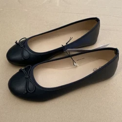 Elegant Bowknot Ballerina, platt rund tå för damer, bekväm Slip-On Dam Loafers Läder Single Mules Skor